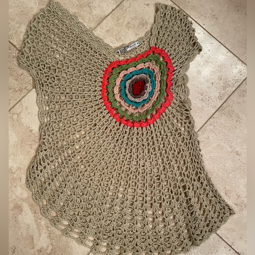Asymmetrical khaki colored crocheted top